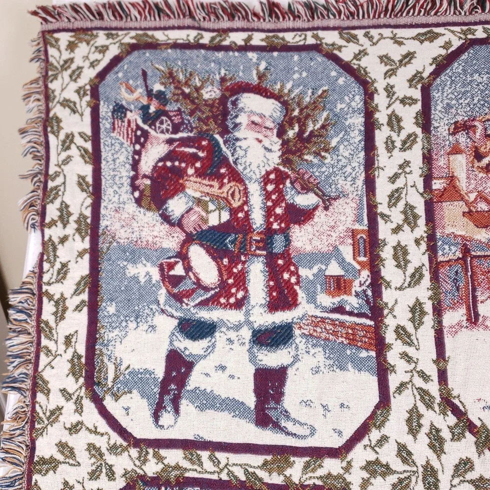 Christmas Santa Tapestry Throw Blanket Woven Fringe Holiday Victorian‎ 46x54